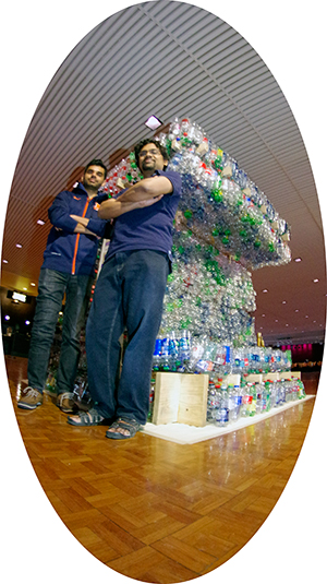 Architecture and engineering students Hursh Hazari and Nahid Akarm teamed up to create the great Block-I sculpture installed for Earth Week in the lobby at Krannert Center for the Performing Arts.
