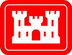 logo for US Armey Corp of Engineers white fort type castle on red background