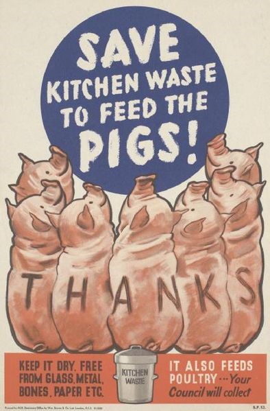 WWII poster promoting saving kitchen scraps for pig feed