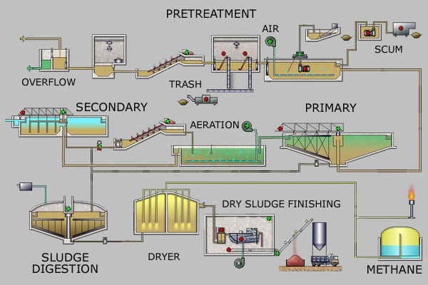 Flow diagram of traditional wastewater treatment plant processing (image by Leonard G. at English Wikipedia -- CC BY-SA 2.5)