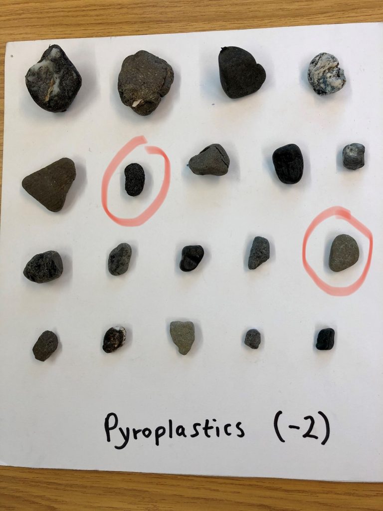 grid of 16 objects on white paper labeled with "pyroplastics (-2)" starting from the top left, the two natural rocks are in position 2 across and 2 down. the other is in three down 5 across.