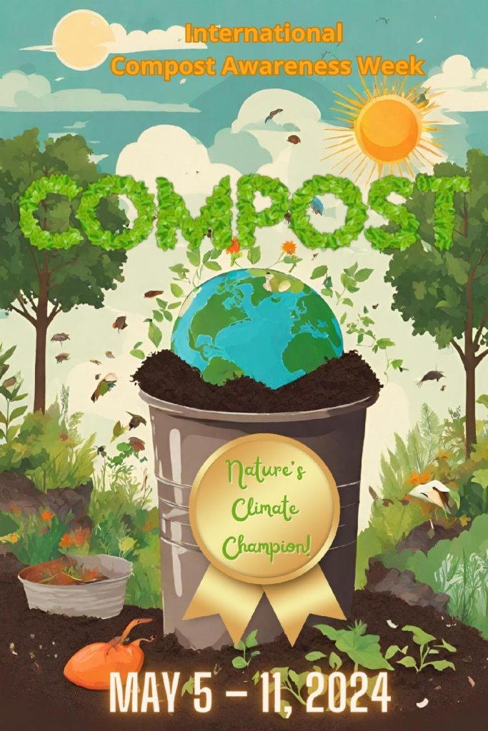 Poster for ICAW 2024, showing an illustration of a compost bin in an outdoor scene. The Earth is cradled among the compost in the bin and the bin is labelled "Nature's Climate Champion."